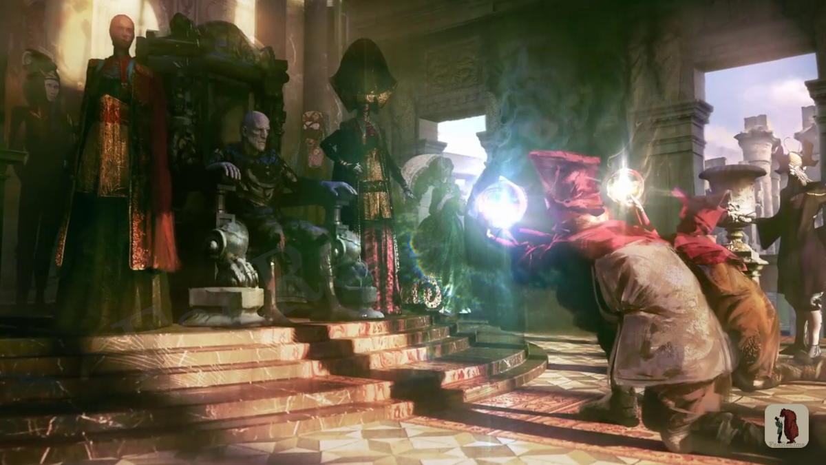 A screenshot showing a Fae sitting on a throne with followers kneeling before him in Nightingale