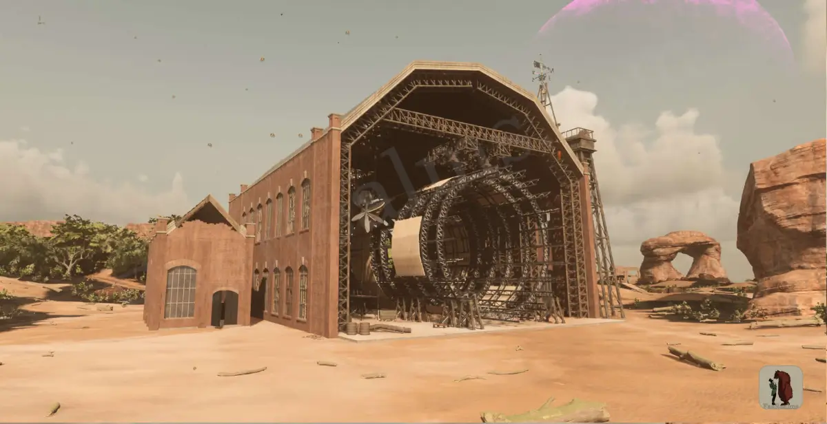 Screenshot of an old airship hangar that players might find in the lands of Fae